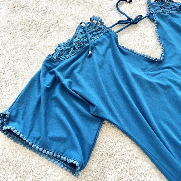 L Space Small Blue Romper Lace Shoulder V Neck Short Sleeve Mini Jumpsuit Shorts - Picture 4 of 14